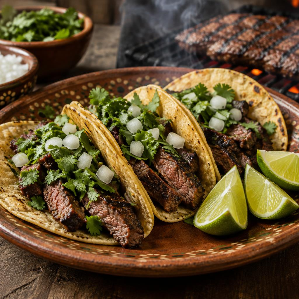 Carne asada tacos with cilantro, onion, and lime