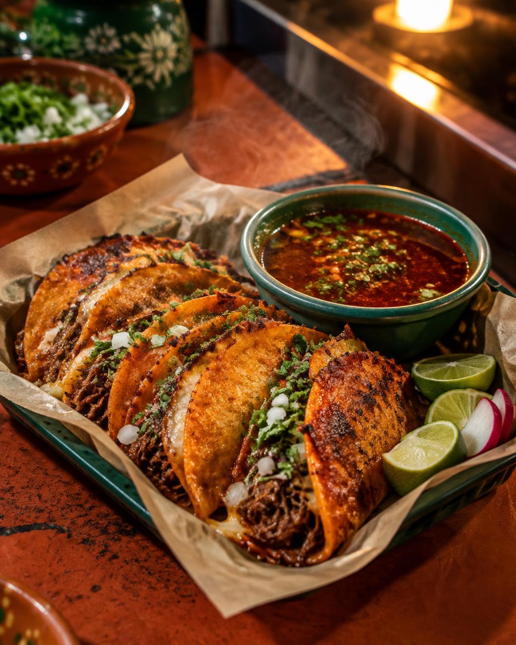 Quesabirria tacos with a bowl of red consommé