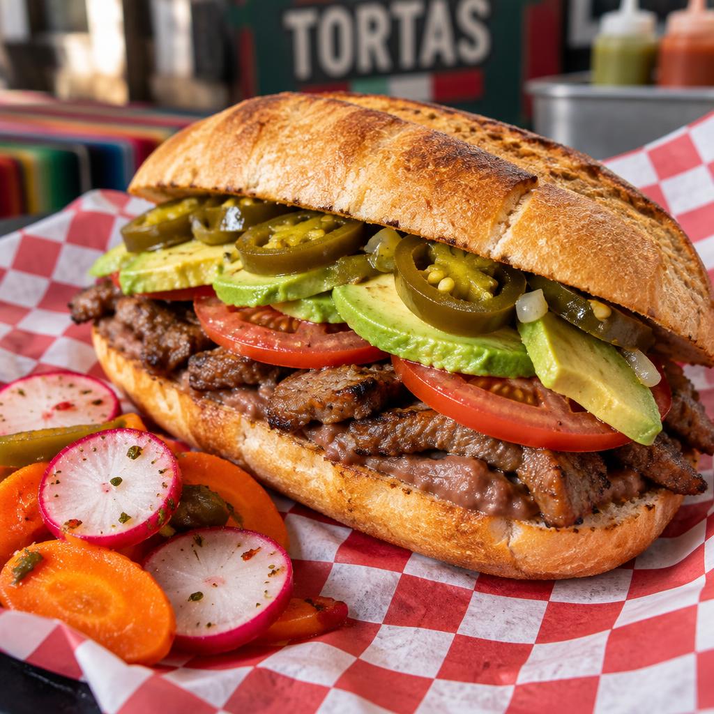 Mexican torta sandwich with avocado and pickled vegetables